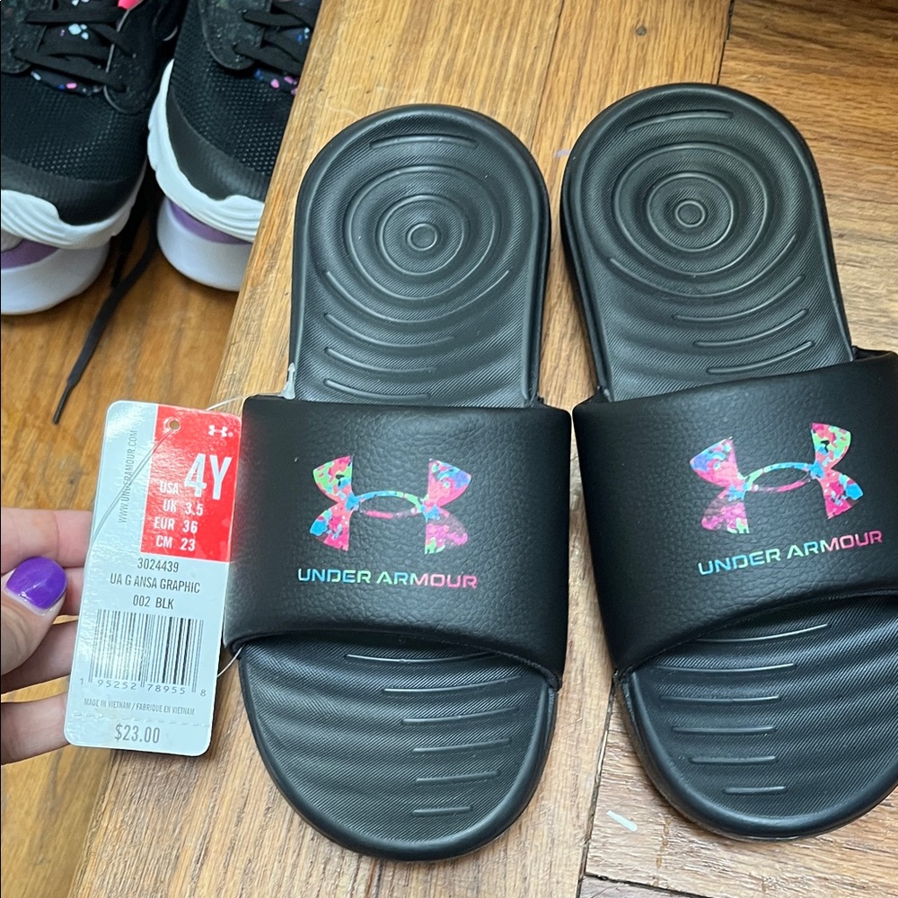 Under Armour Kids Black Slides with Multicolor Logo - Size 4Y